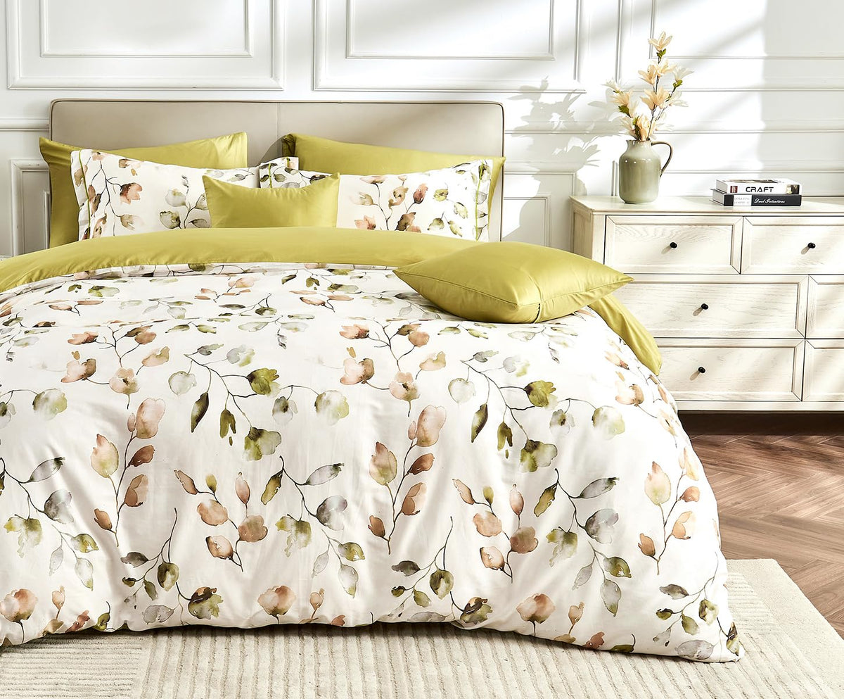 SLEEPBELLA Duvet Cover King Size, 600 Thread Count Cotton Beige & Bluish Grey Printed with Luxurious Leaves Pattern Reversible Botanical Comforter Cover Sets, Bedding Set 3Pcs (King, Beige Paisley)