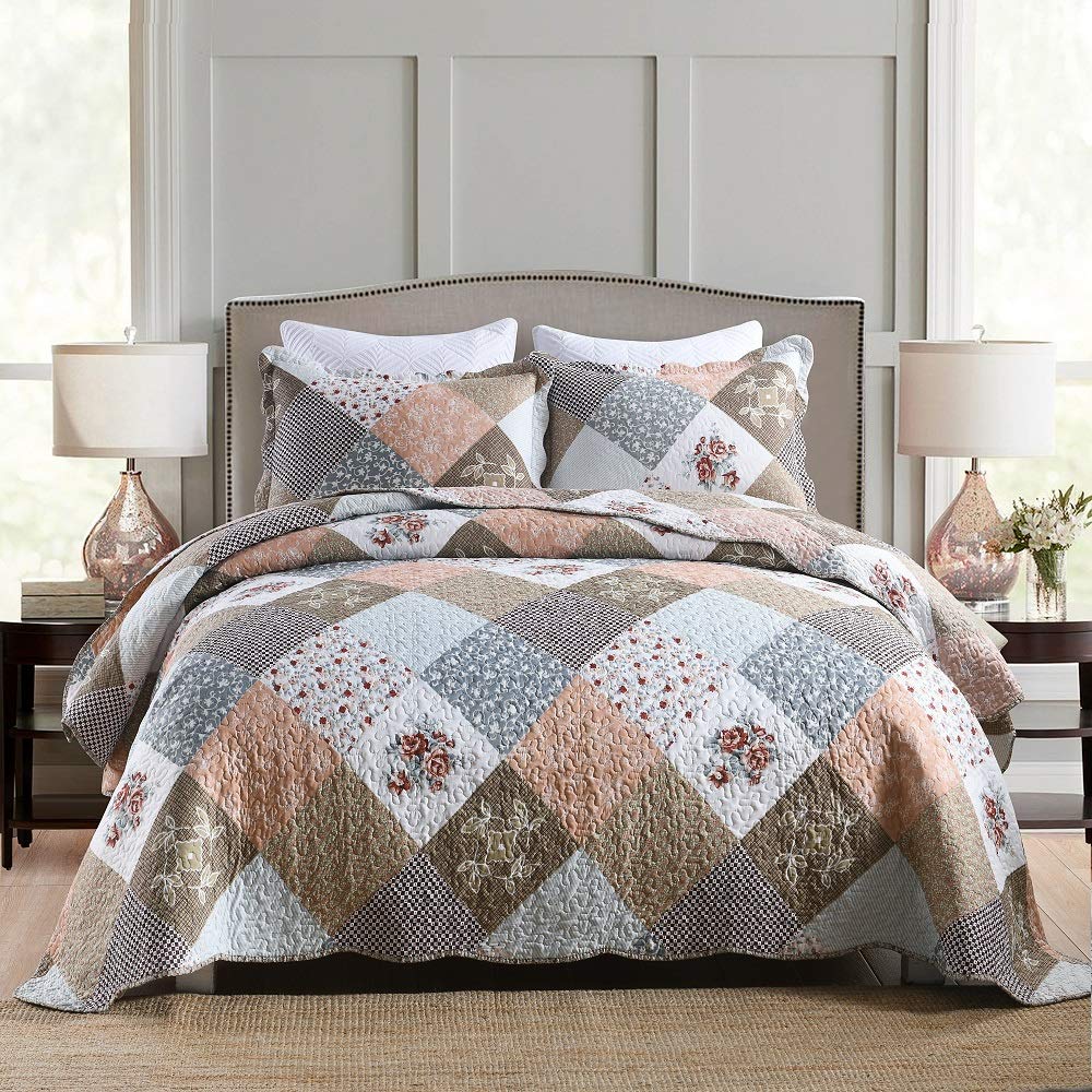 Travan 3-Piece Quilt Set Quilted Bedspread Lightweight Coverlet Set Garden Style Floral Printed Oversized Quilted Bedding Set with Shams for All Season, Exquisite, Queen Size