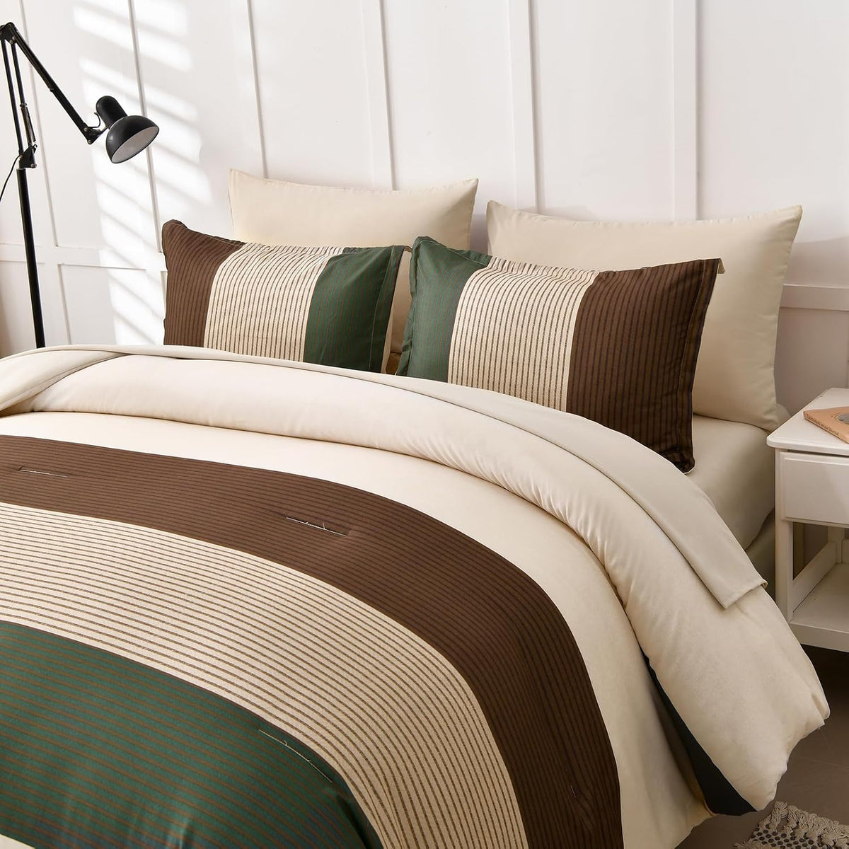 Anibedding Striped Comforter Set Queen Size, Boho Brown Green Striped Bedding Comforter Set 7 Piece Bed in a Bag, Soft Microfiber Down Alternative Farmhouse Bedding Set for All Season(90"x90")
