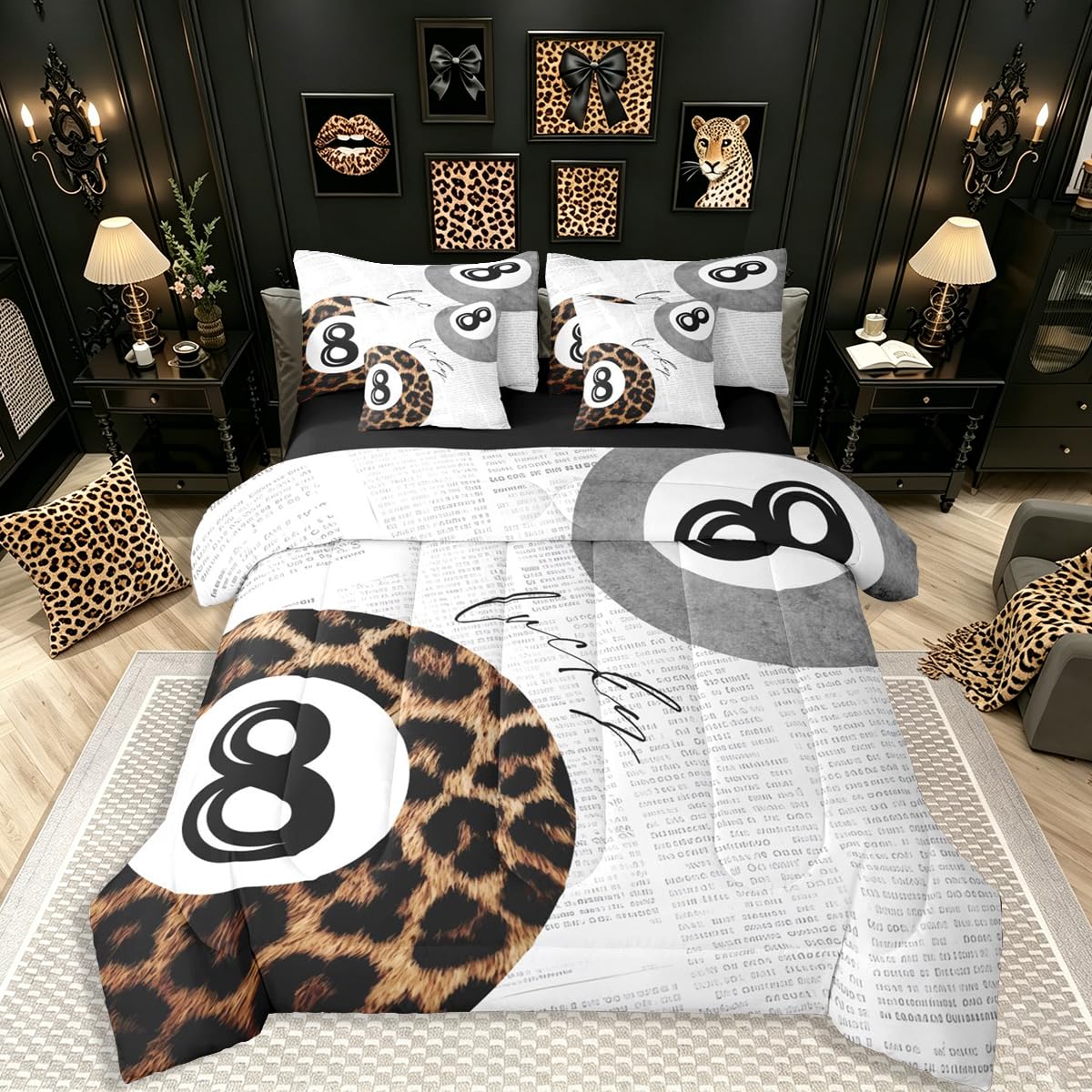 Erosebridal Leopard Print Bedding Set,7 Piece Pink Lucky 8 Ball Cheetah Bed in A Bag Queen Comforter Set for Boys Girls Women Preppy Room Decor Aesthetic Comforter and Sheets Fashion Coquette Bed Set