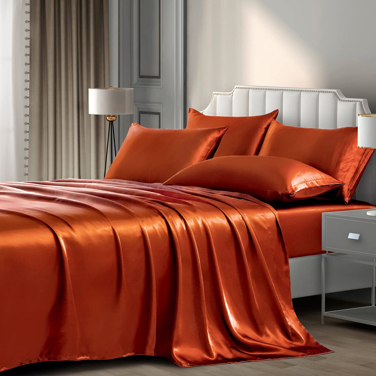 P Pothuiny Satin Sheets Set, Queen (6 Pieces, Taupe) - Luxury Soft Bed Linen Set with 1 Fitted Sheet, 1 Flat Sheet, 4 Pillowcases