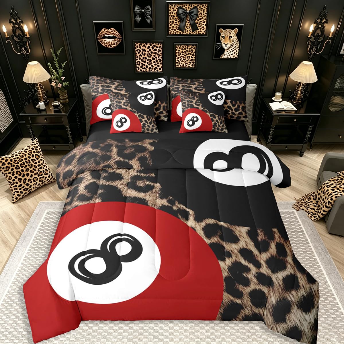 Erosebridal Leopard Print Bedding Set,7 Piece Pink Lucky 8 Ball Cheetah Bed in A Bag Queen Comforter Set for Boys Girls Women Preppy Room Decor Aesthetic Comforter and Sheets Fashion Coquette Bed Set