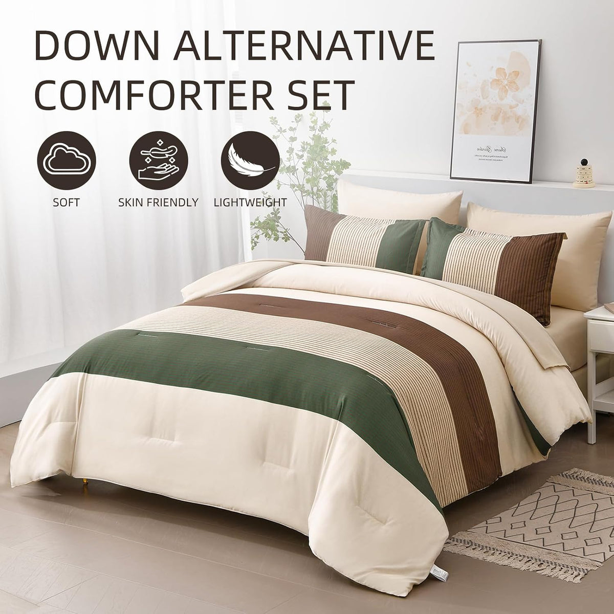 Anibedding Striped Comforter Set Queen Size, Boho Brown Green Striped Bedding Comforter Set 7 Piece Bed in a Bag, Soft Microfiber Down Alternative Farmhouse Bedding Set for All Season(90"x90")