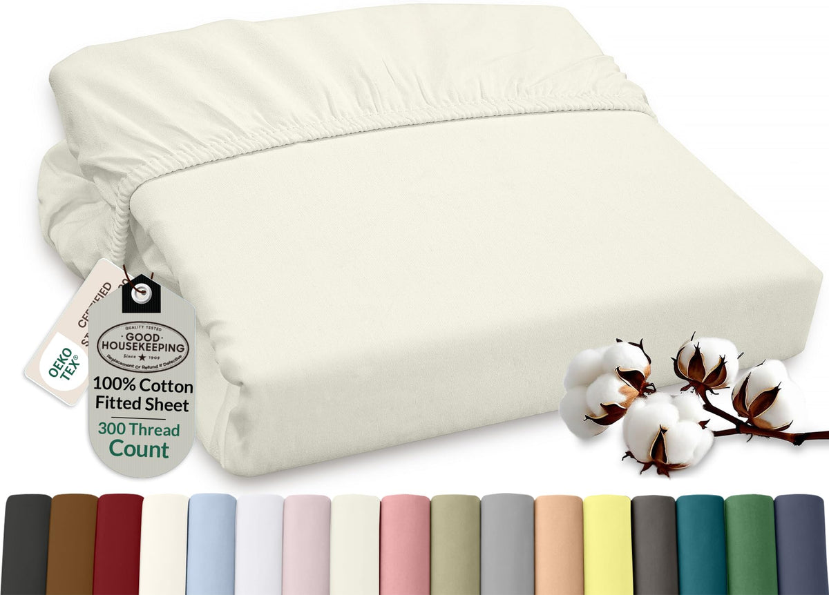 ROYALE LINENS 300 Thread Count 100% Long Staple Combed Cotton Fitted Sheet Full - Super Soft Deep Pocket Bottom Sheet - Fitted Sheets Only - Elastic Sheets (Full, White)