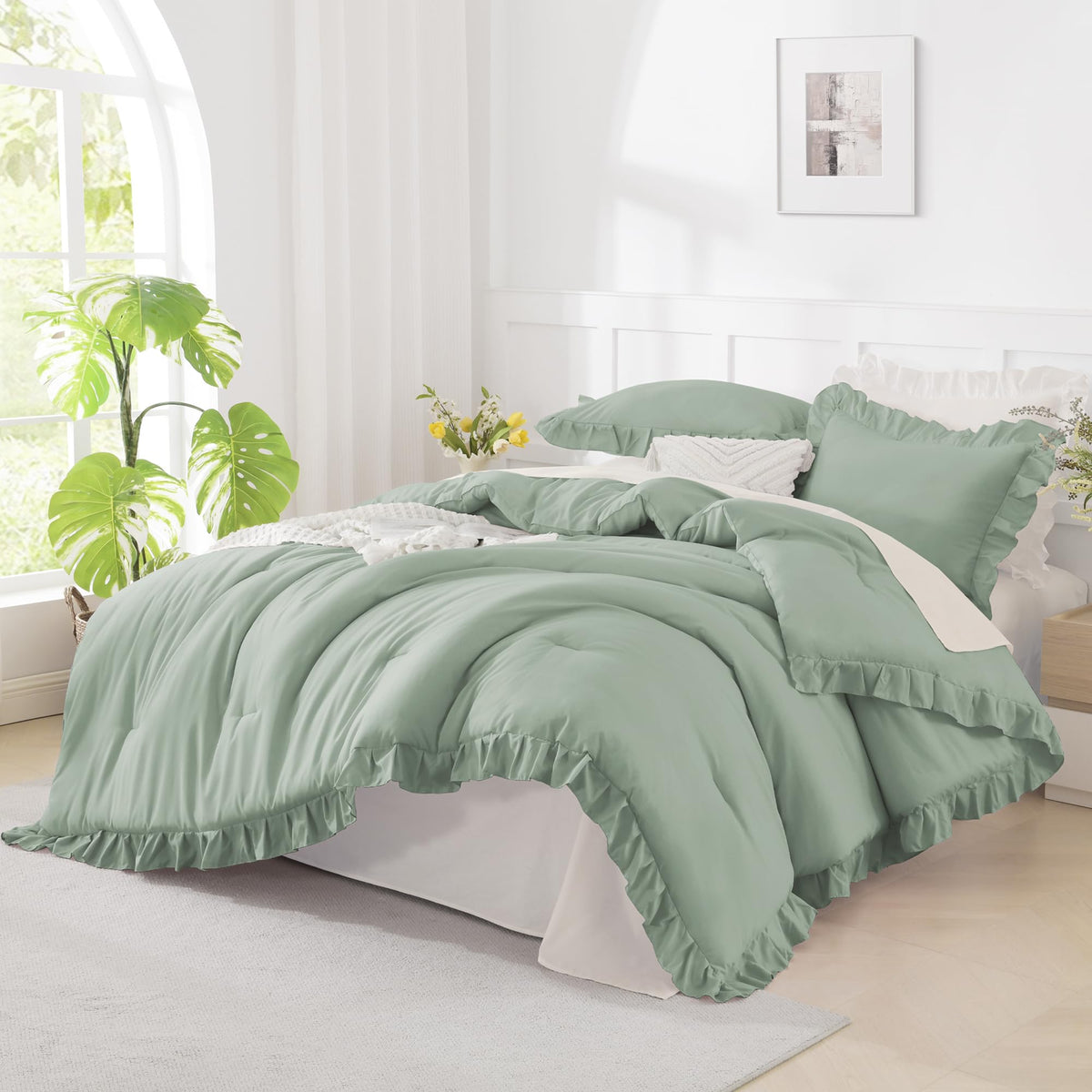Andency Pink Ruffle Comforter Twin Size, 2 Pieces Soft Bed Set
