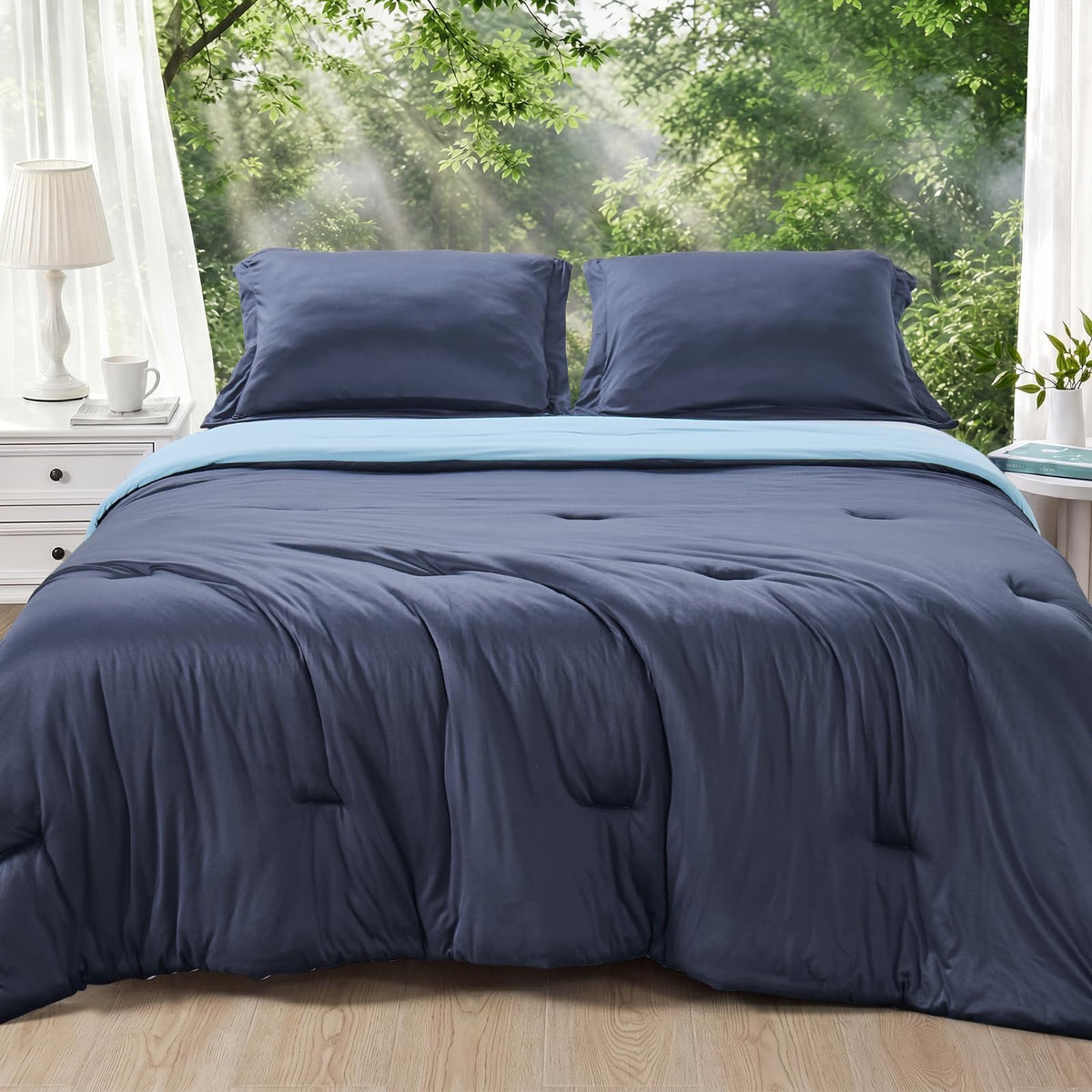 MUXHOMO Queen Size Comforter Set Beige, 3 Piece Solid Bedding for All Seasons, Warm Down Alternative Bed Set Includes 1 Lightweight Comforter (90"x90") and 2 Pillowshams (20"x26")