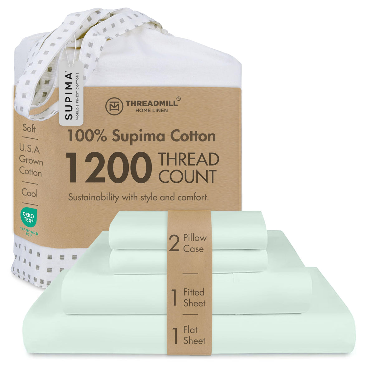 Threadmill 1200 Thread Count Supima Cotton King Sheet Set, Sateen, Ivory