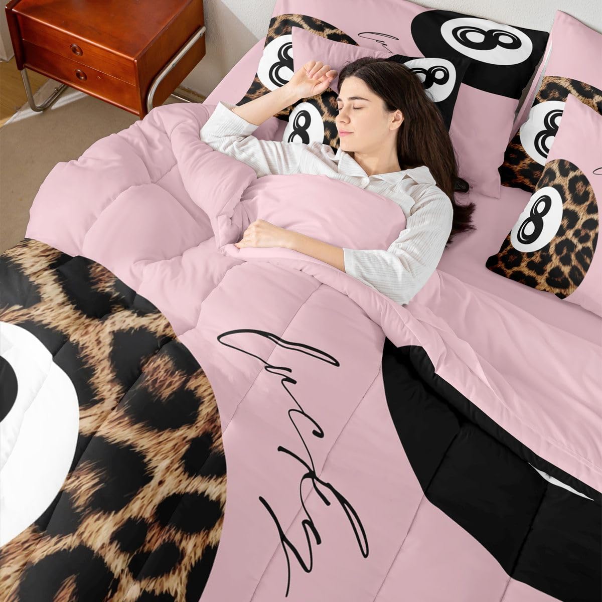 Erosebridal Leopard Print Bedding Set,7 Piece Pink Lucky 8 Ball Cheetah Bed in A Bag Queen Comforter Set for Boys Girls Women Preppy Room Decor Aesthetic Comforter and Sheets Fashion Coquette Bed Set
