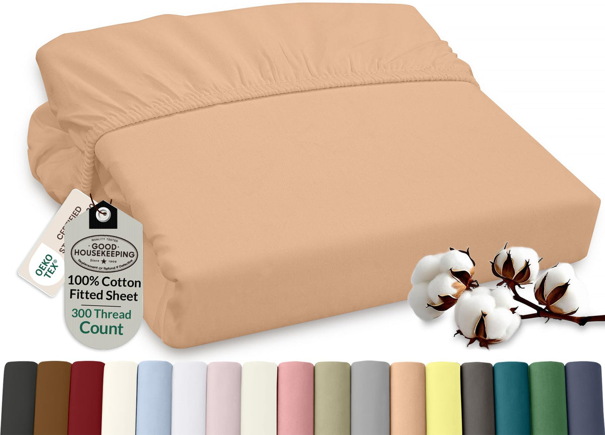 ROYALE LINENS 300 Thread Count 100% Long Staple Combed Cotton Fitted Sheet Full - Super Soft Deep Pocket Bottom Sheet - Fitted Sheets Only - Elastic Sheets (Full, White)