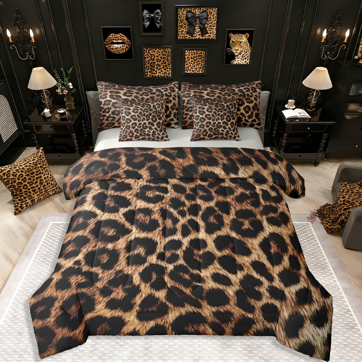 Erosebridal Leopard Print Bedding Set,7 Piece Pink Lucky 8 Ball Cheetah Bed in A Bag Queen Comforter Set for Boys Girls Women Preppy Room Decor Aesthetic Comforter and Sheets Fashion Coquette Bed Set