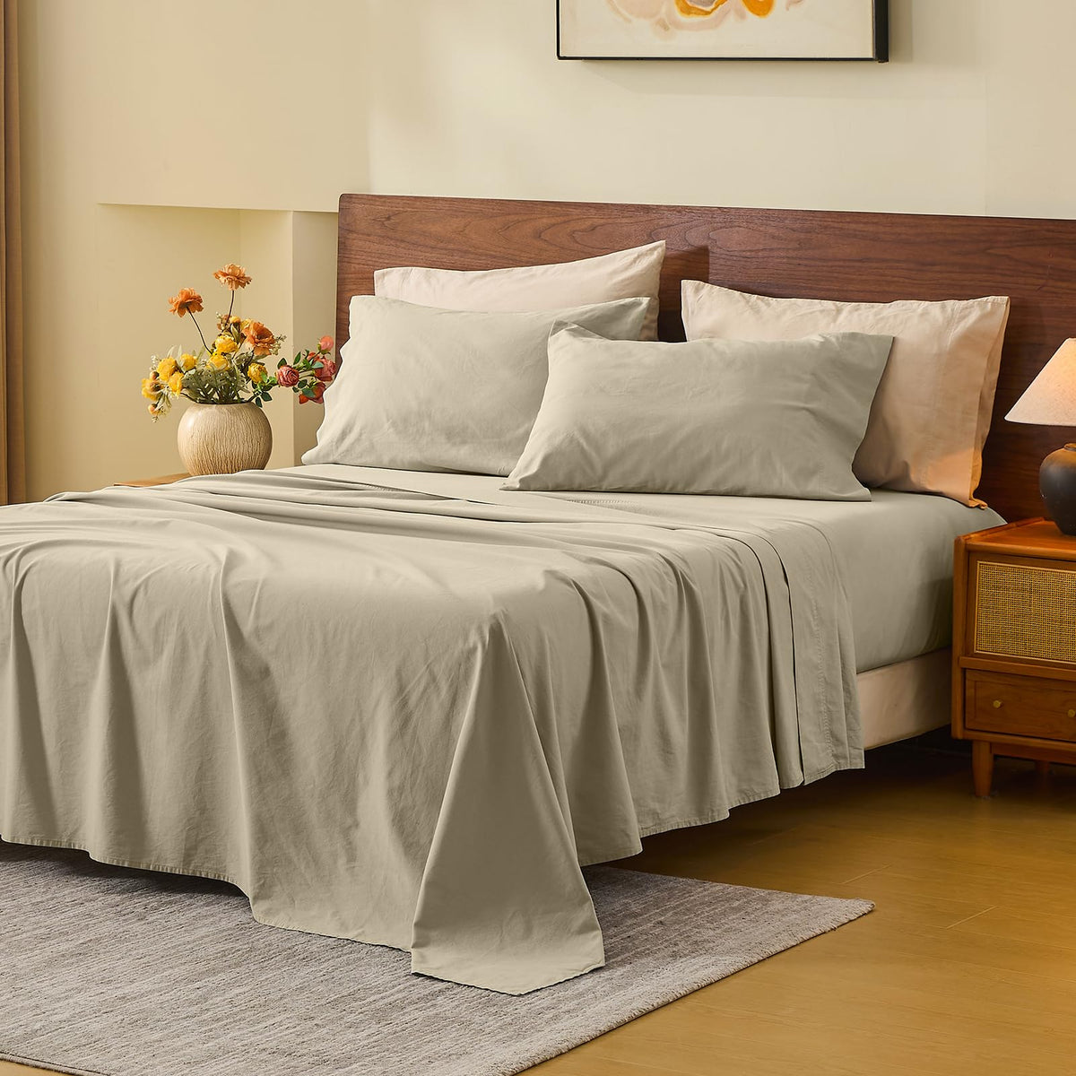 MEISHANG 100% French Linen Sheets Queen,4 Pcs,18-24" Extra Deep Pocket
