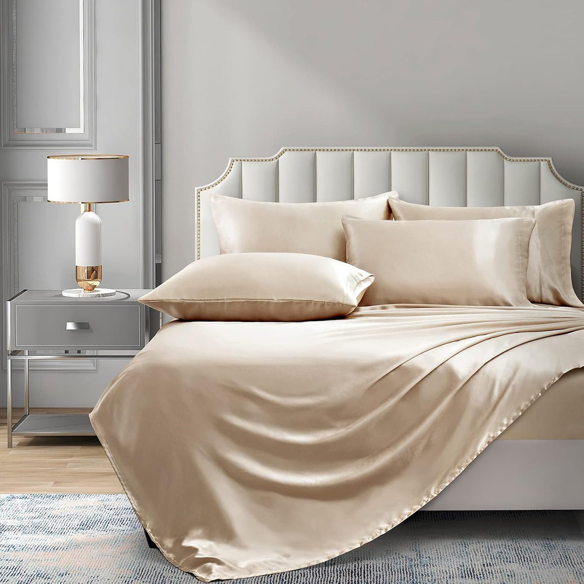 P Pothuiny Satin Sheets Set, Queen (6 Pieces, Taupe) - Luxury Soft Bed Linen Set with 1 Fitted Sheet, 1 Flat Sheet, 4 Pillowcases