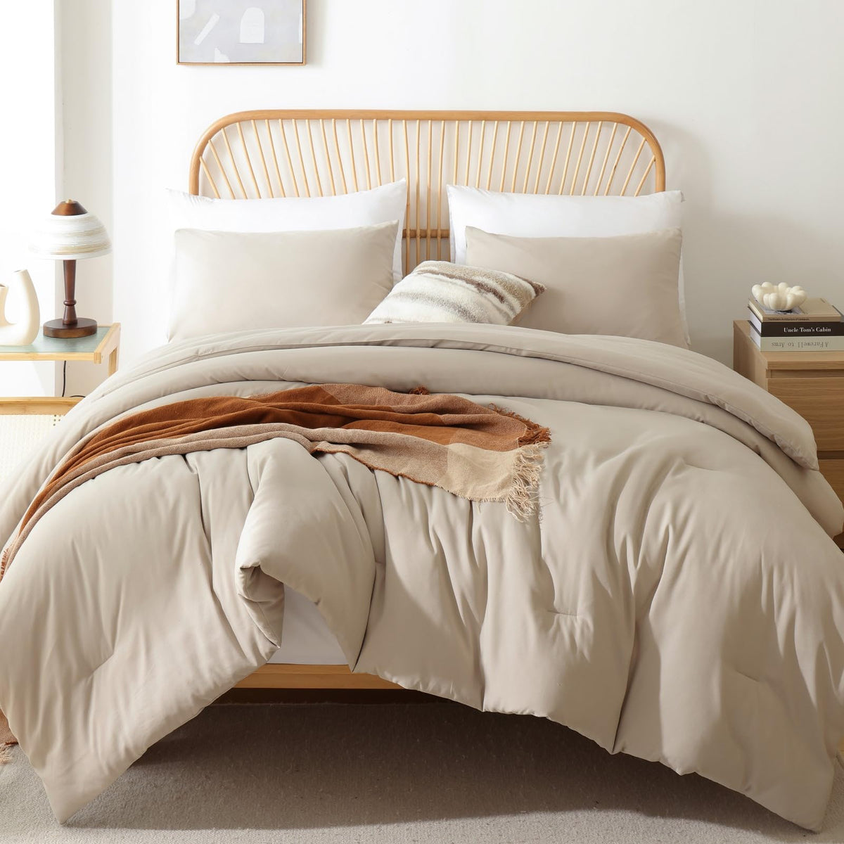 ROSGONIA Queen Comforter Set Taupe Brown, 3pcs(1 Boho Tan Comforter & 2 Pillowcases) All Season Soft Bedding Lightweight Bedspread Blanket Quilt
