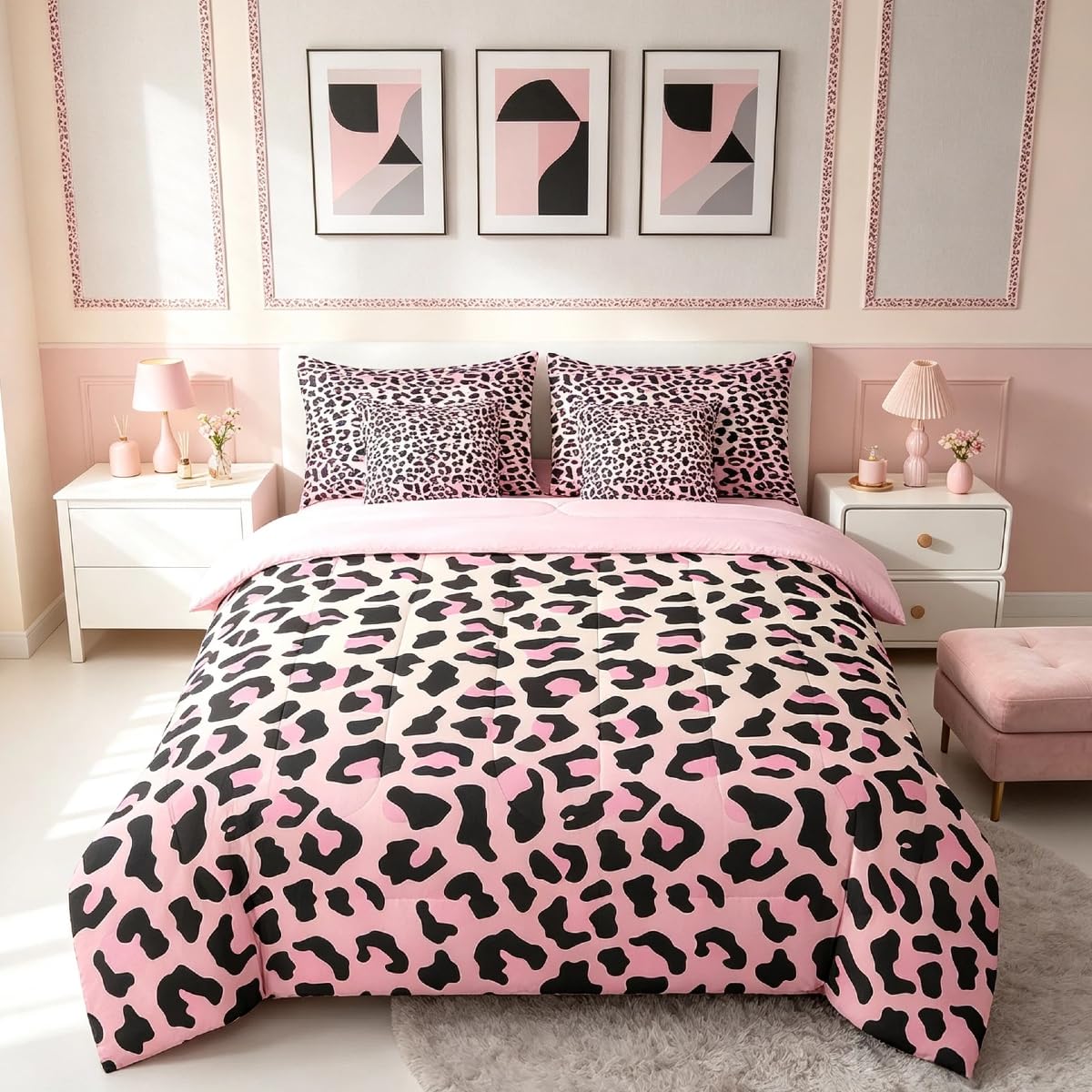 Feelyou Cute Leopard Bedding Set for All Season Cheetah 7 Pieces Comforter Sets Full Size Teens Room Decor Pink Animal Print Bed in a Bag with Comforter, Sheets, Pillowcases & Cushion Cover