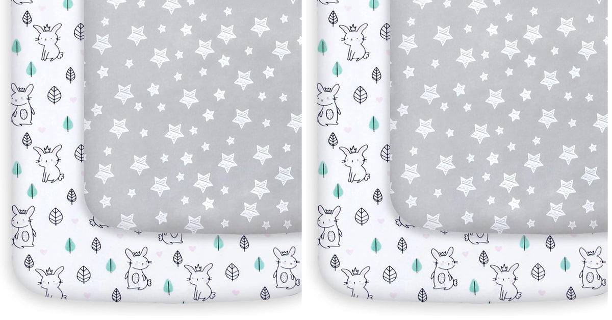 Pack and Play Sheets, 2 Pack Mini Crib Sheets, Stretchy Playard Fitted Sheet, Compatible with Graco Pack n Play, Soft and Breathable Material, Stars & Bunny