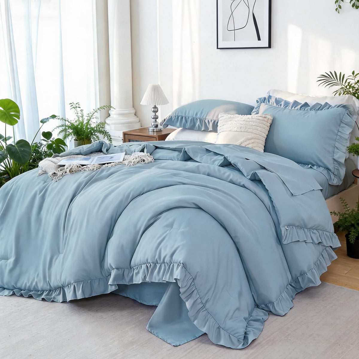 ZRNBAST Full Comforter Set Sage Green, 5 Pieces Ruffle Full Bed Sets, Soft Farmhouse Fluffy Bed in a Bag Shabby Chic Bedding Sets with Ruffled Comforter, Flat Sheet, Fitted Sheet, Pillowcases