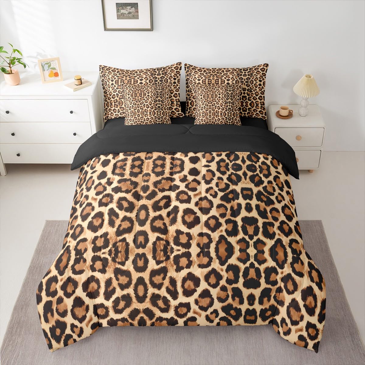 jejeloiu Leopard Print Comforter Set with Sheets 7 Piece Queen Size Cheetah Print Bedding Set for Kids Boys Girls Beige Bed in a Bag Modern Art Room Decor Soft Lightweight Microfiber