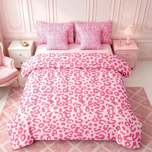 Feelyou Cute Leopard Bedding Set for All Season Cheetah 7 Pieces Comforter Sets Full Size Teens Room Decor Pink Animal Print Bed in a Bag with Comforter, Sheets, Pillowcases & Cushion Cover