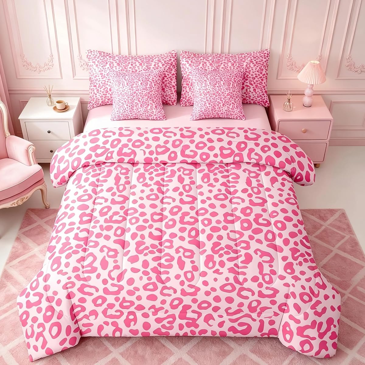 Feelyou Cute Leopard Bedding Set for All Season Cheetah 7 Pieces Comforter Sets Full Size Teens Room Decor Pink Animal Print Bed in a Bag with Comforter, Sheets, Pillowcases & Cushion Cover
