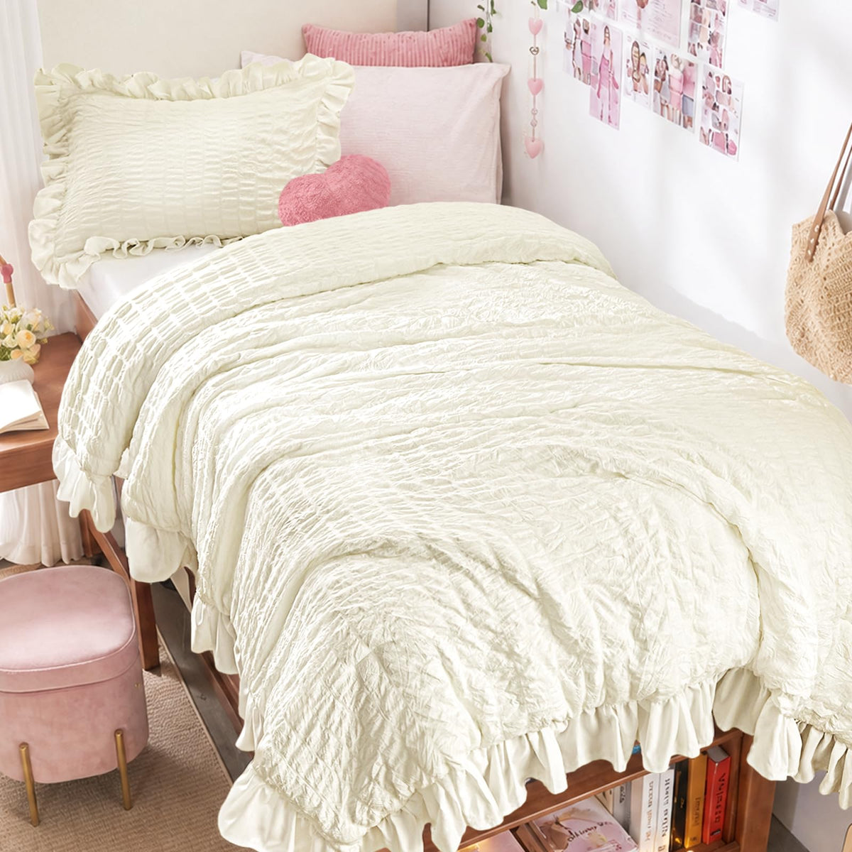 JOLLYVOGUE Ivory Comforter Full Size, 3 Pieces Seersucker Lightweight Full Size Bedding, All Season Fluffy Microfiber Bedding Comforter Set with 1 Ruffle Comforter and 2 Ruffle Pillowshams