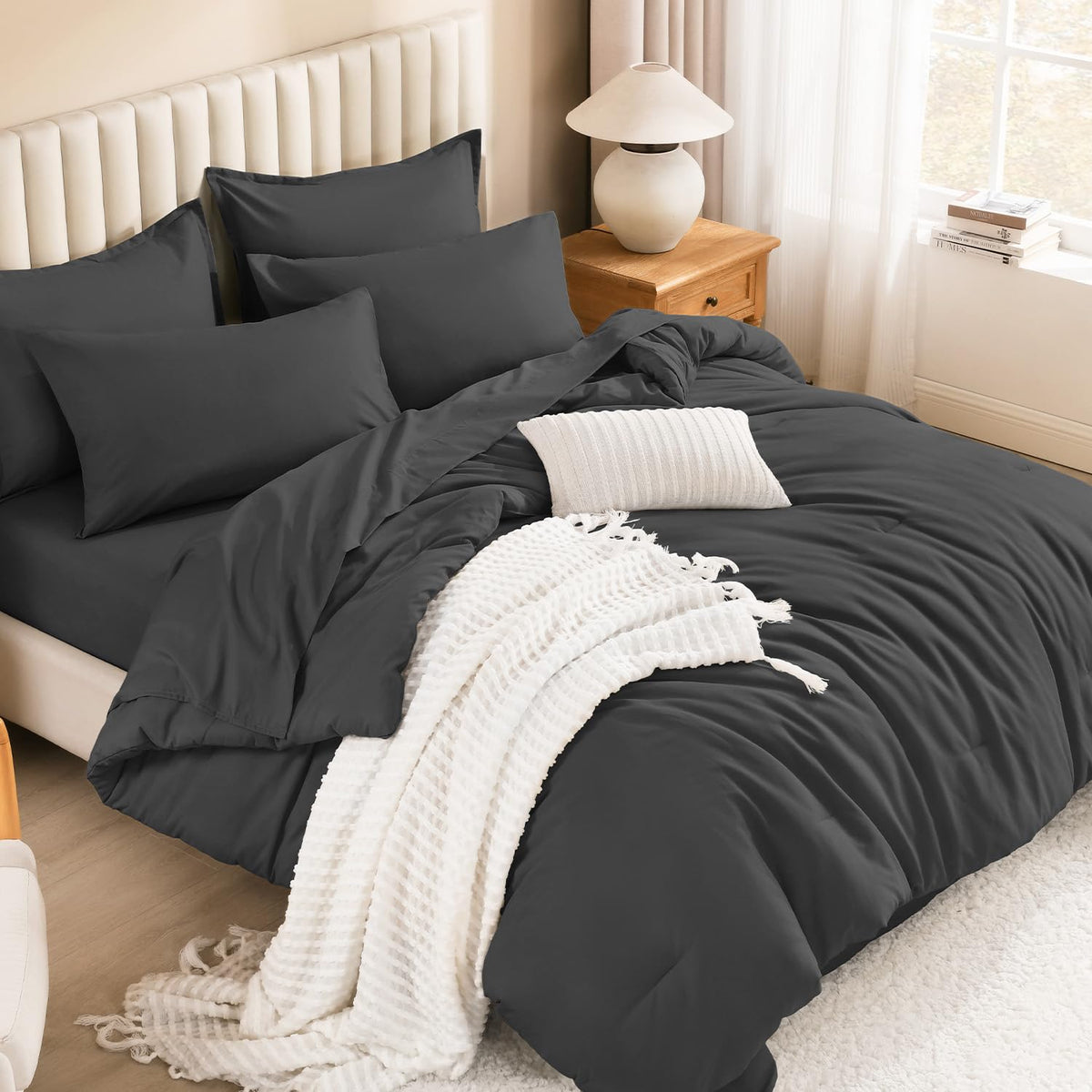 Litanika King Comforter Set with Sheets Beige - 7 Pieces Solid Bed in a Bag