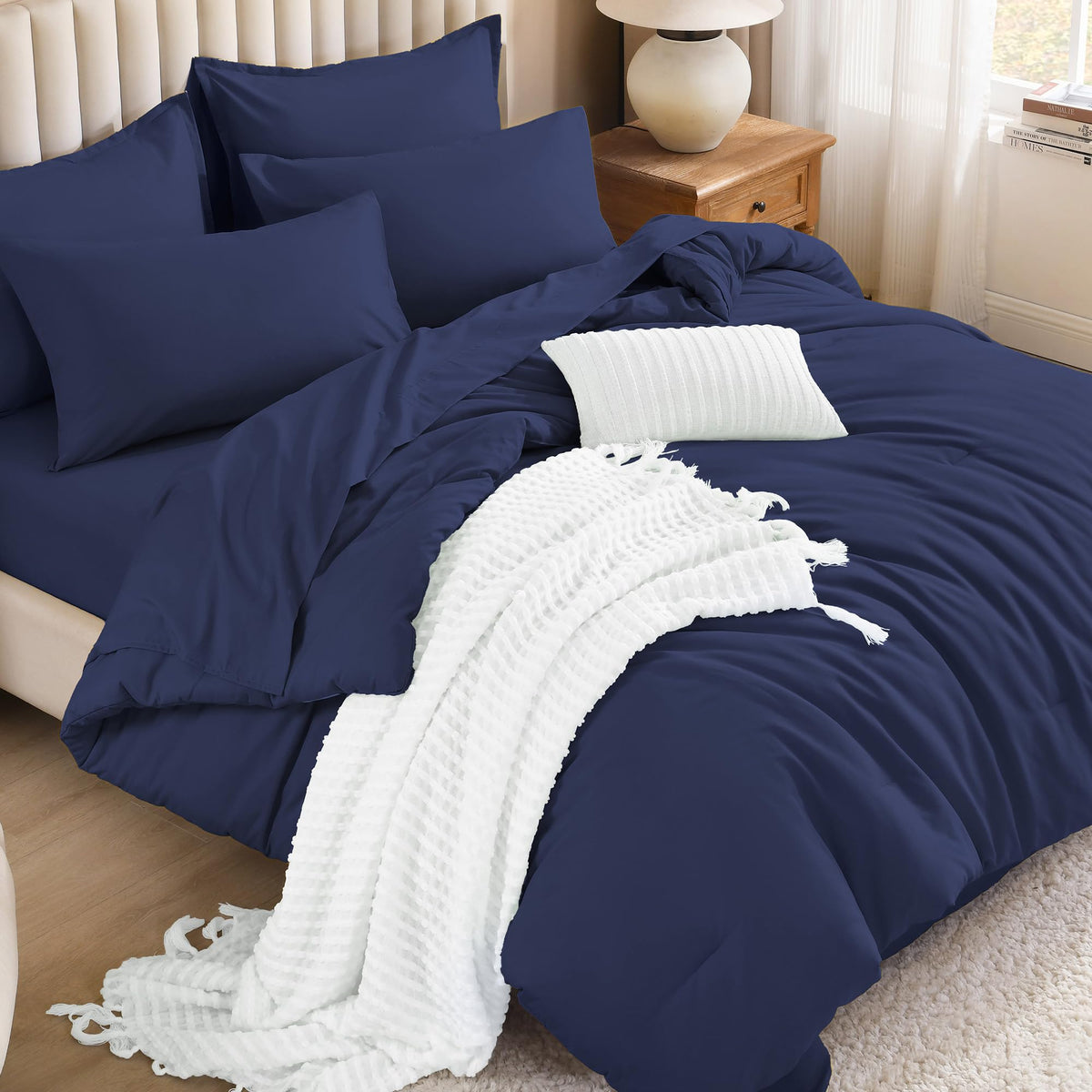 Litanika King Comforter Set with Sheets Beige - 7 Pieces Solid Bed in a Bag