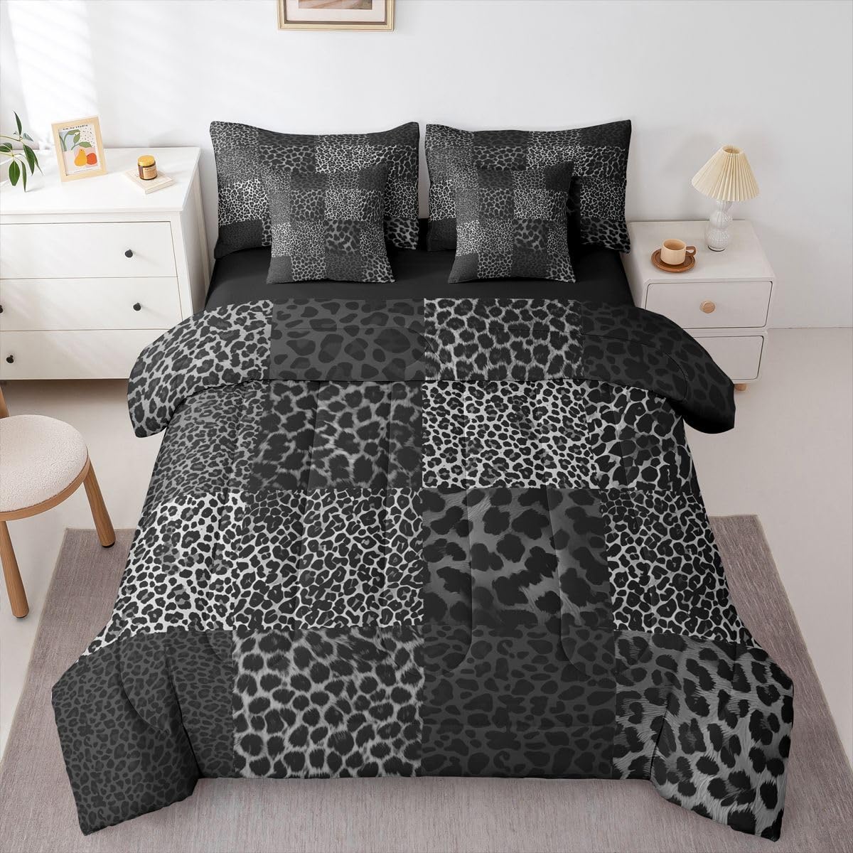 Feelyou Cute Leopard Bedding Set for All Season Cheetah 7 Pieces Comforter Sets Full Size Teens Room Decor Pink Animal Print Bed in a Bag with Comforter, Sheets, Pillowcases & Cushion Cover