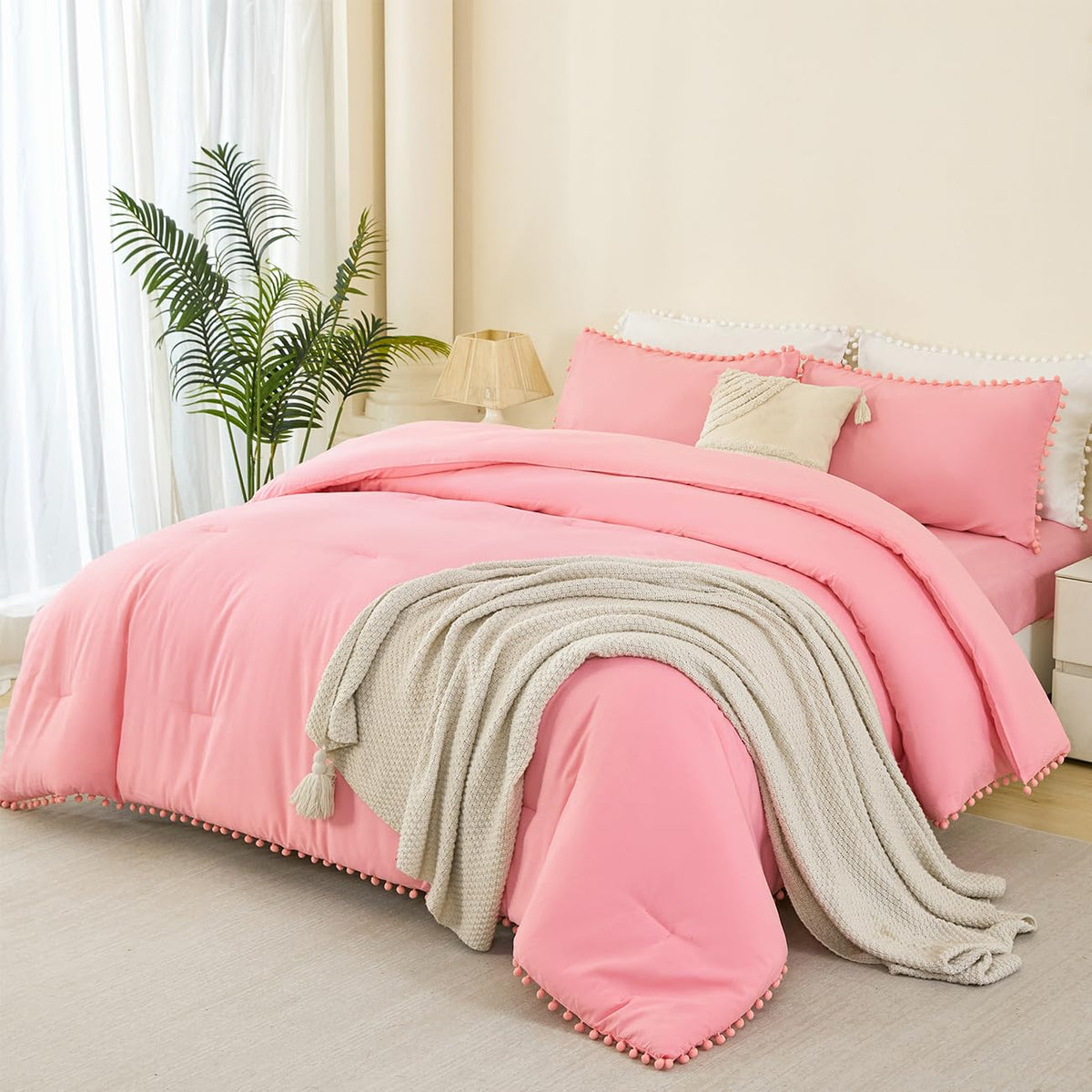 PERFEMET 5 Pieces Lavender Purple Comforter Set Twin Girls Pom Bedding Sets