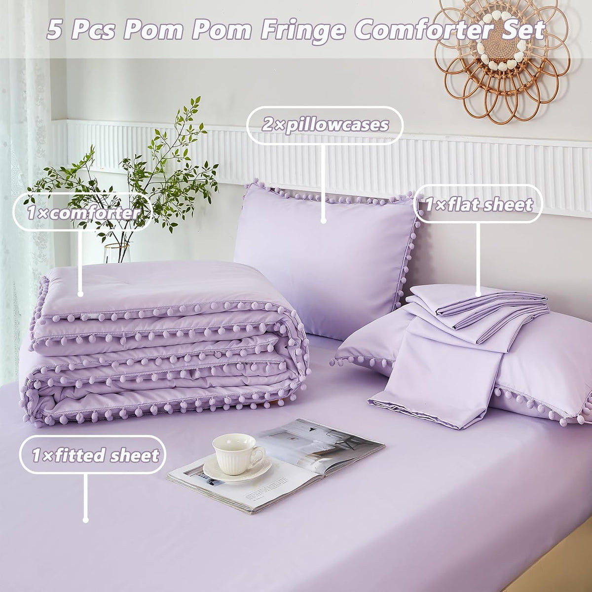 PERFEMET 5 Pieces Lavender Purple Comforter Set Twin Girls Pom Bedding Sets