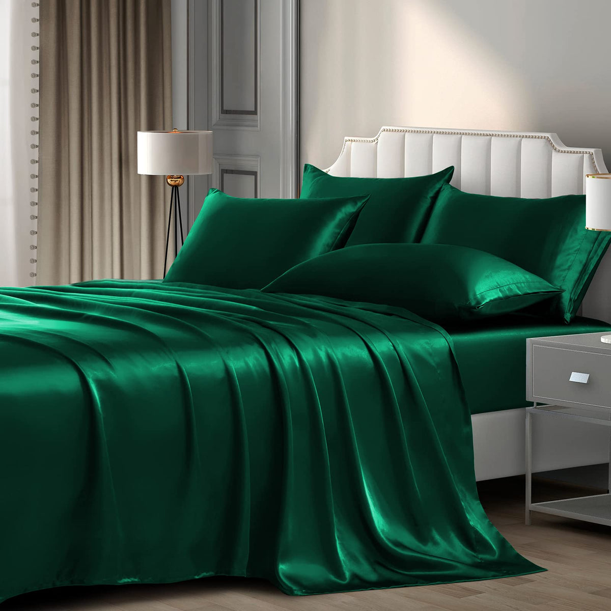 P Pothuiny Satin Sheets Set, Queen (6 Pieces, Taupe) - Luxury Soft Bed Linen Set with 1 Fitted Sheet, 1 Flat Sheet, 4 Pillowcases