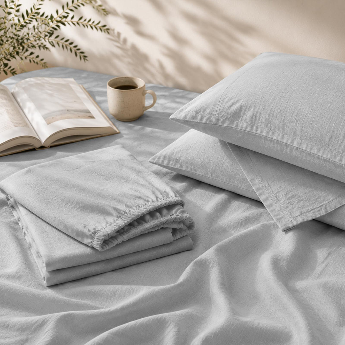 MEISHANG 100% French Linen Sheets Queen,4 Pcs,18-24" Extra Deep Pocket