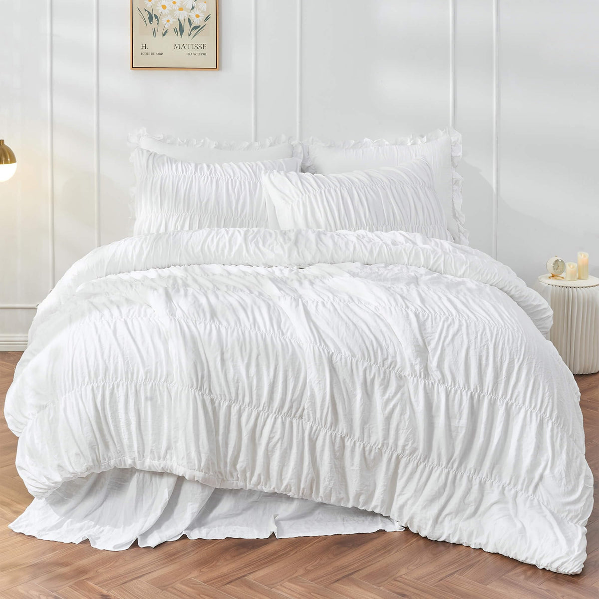 Bonlino Wheat Ruched Comforter Set Queen Size Ruffle Comforter Bedding