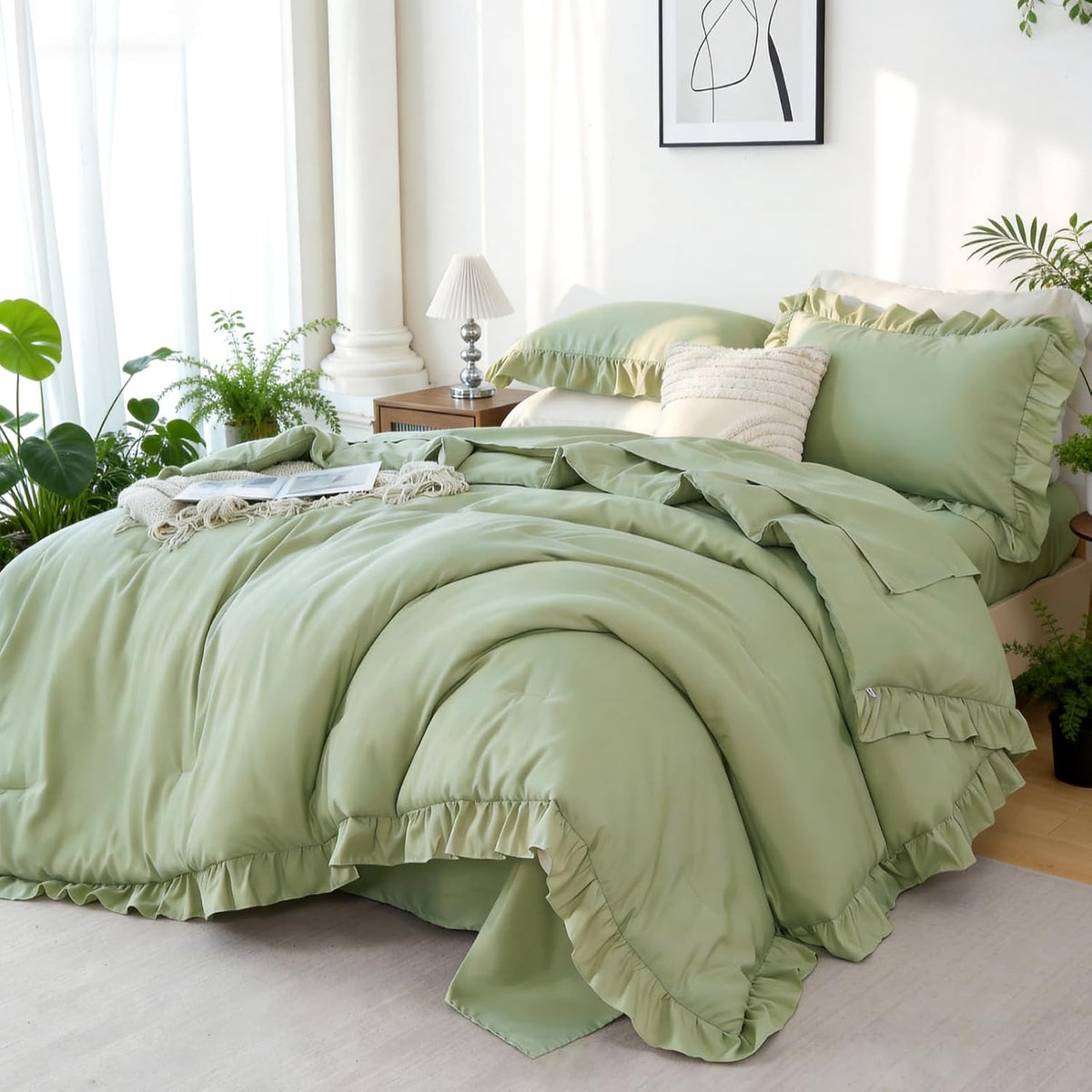 ZRNBAST Full Comforter Set Sage Green, 5 Pieces Ruffle Full Bed Sets, Soft Farmhouse Fluffy Bed in a Bag Shabby Chic Bedding Sets with Ruffled Comforter, Flat Sheet, Fitted Sheet, Pillowcases