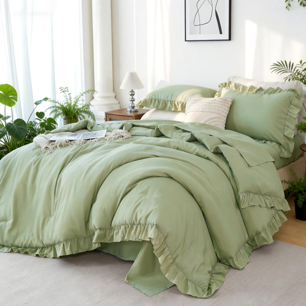 ZRNBAST Full Comforter Set Sage Green, 5 Pieces Ruffle Full Bed Sets, Soft Farmhouse Fluffy Bed in a Bag Shabby Chic Bedding Sets with Ruffled Comforter, Flat Sheet, Fitted Sheet, Pillowcases