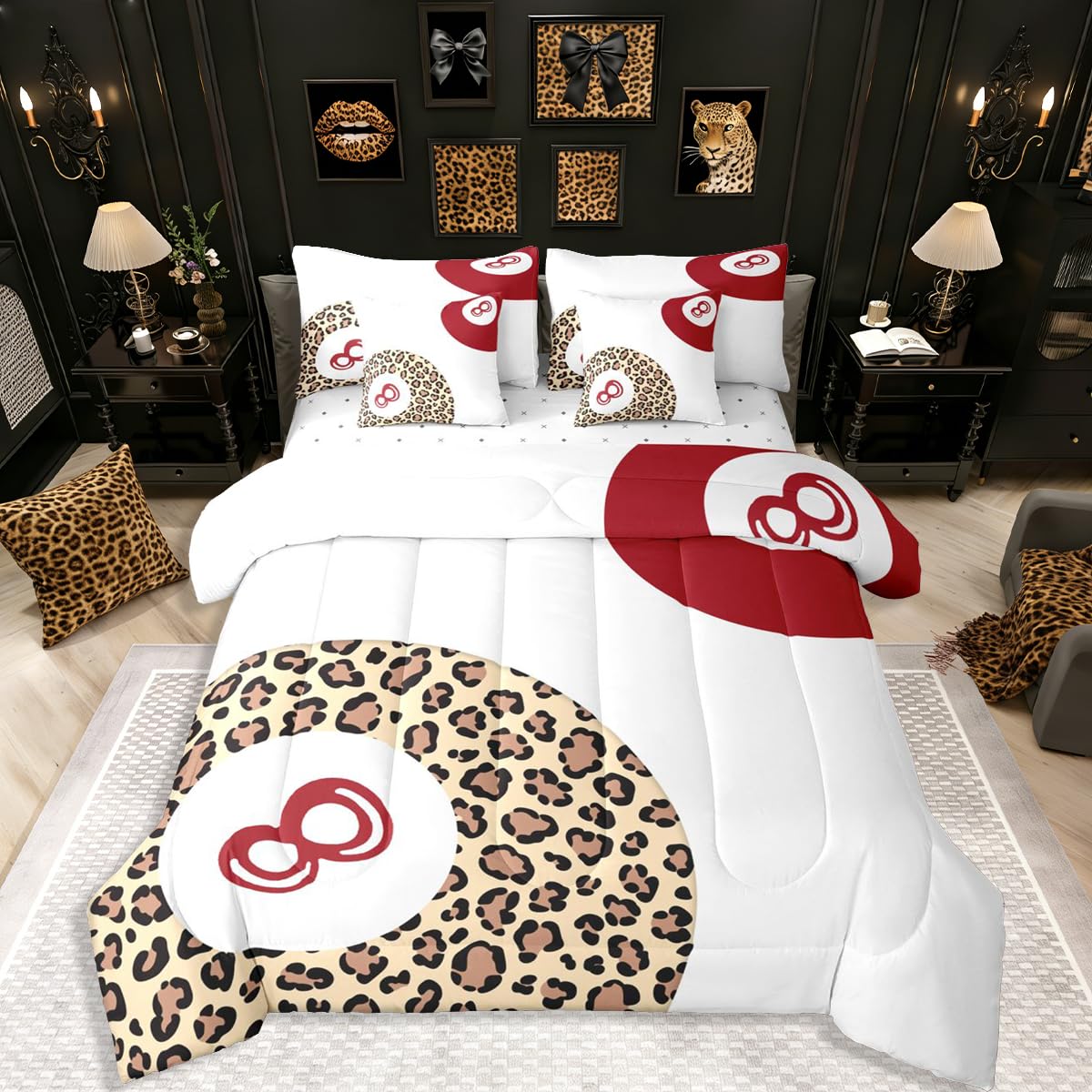 Erosebridal Leopard Print Bedding Set,7 Piece Pink Lucky 8 Ball Cheetah Bed in A Bag Queen Comforter Set for Boys Girls Women Preppy Room Decor Aesthetic Comforter and Sheets Fashion Coquette Bed Set
