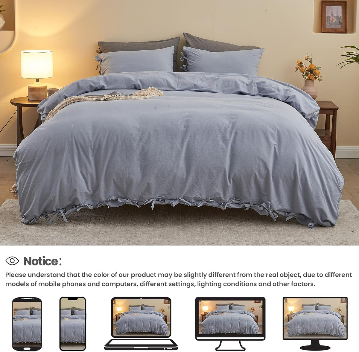 BISELINA 100% Washed Cotton Duvet Cover Set 3pcs with Bowknot Ties Strap Solid Color Linen Like Textured Durable Breathable Soft Comfy Chic Bedding (Twin, Cornflower Blue)