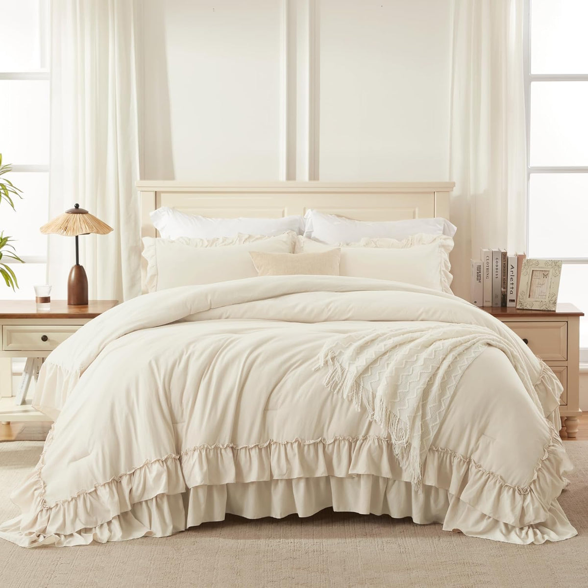 Andency Beige Ruffle Full Size Comforter Set, 3 Pieces
