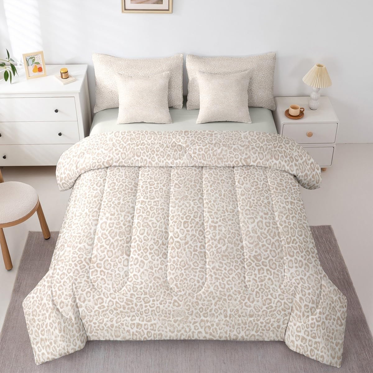 jejeloiu Leopard Print Comforter Set with Sheets 7 Piece Queen Size Cheetah Print Bedding Set for Kids Boys Girls Beige Bed in a Bag Modern Art Room Decor Soft Lightweight Microfiber