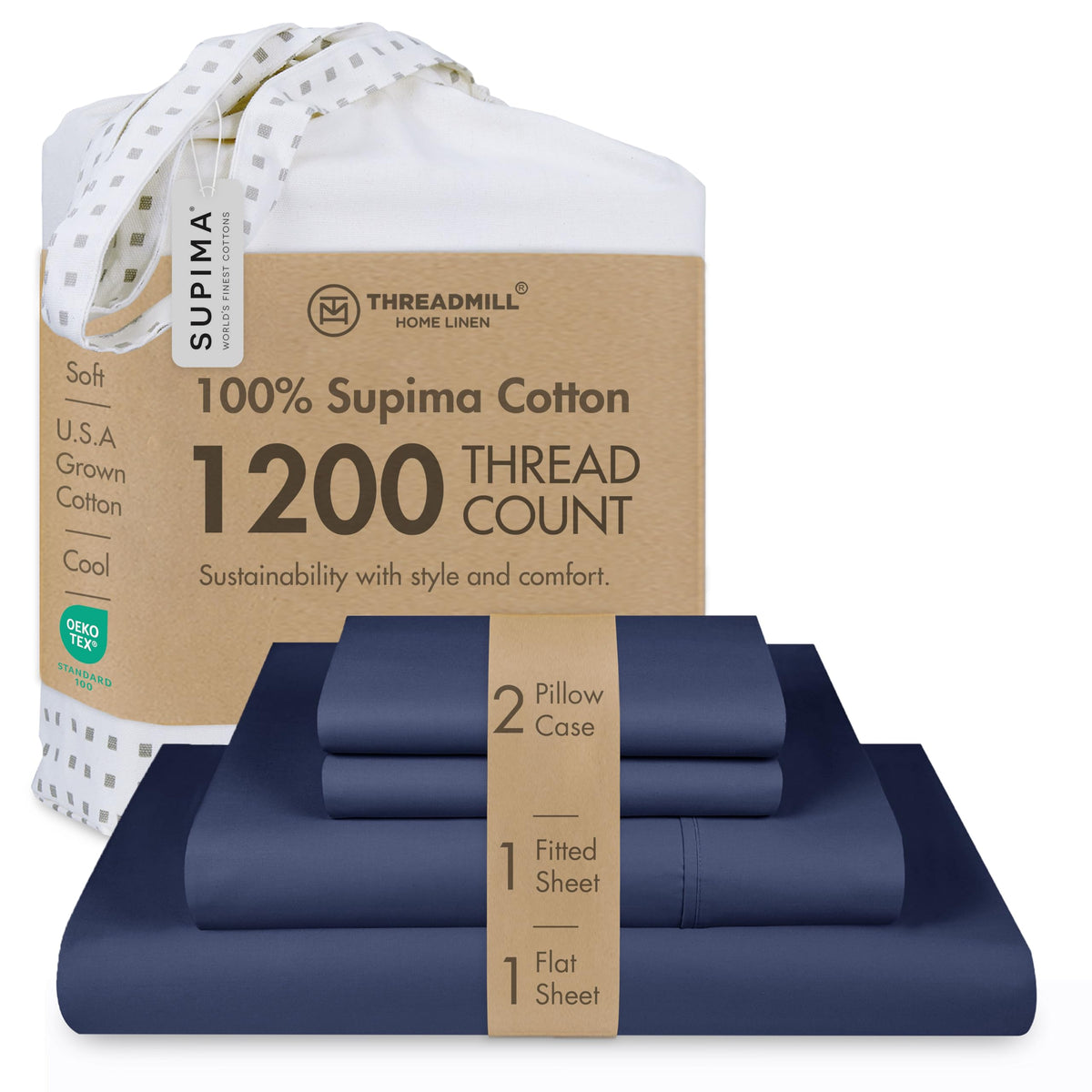 Threadmill 1200 Thread Count Supima Cotton King Sheet Set, Sateen, Ivory
