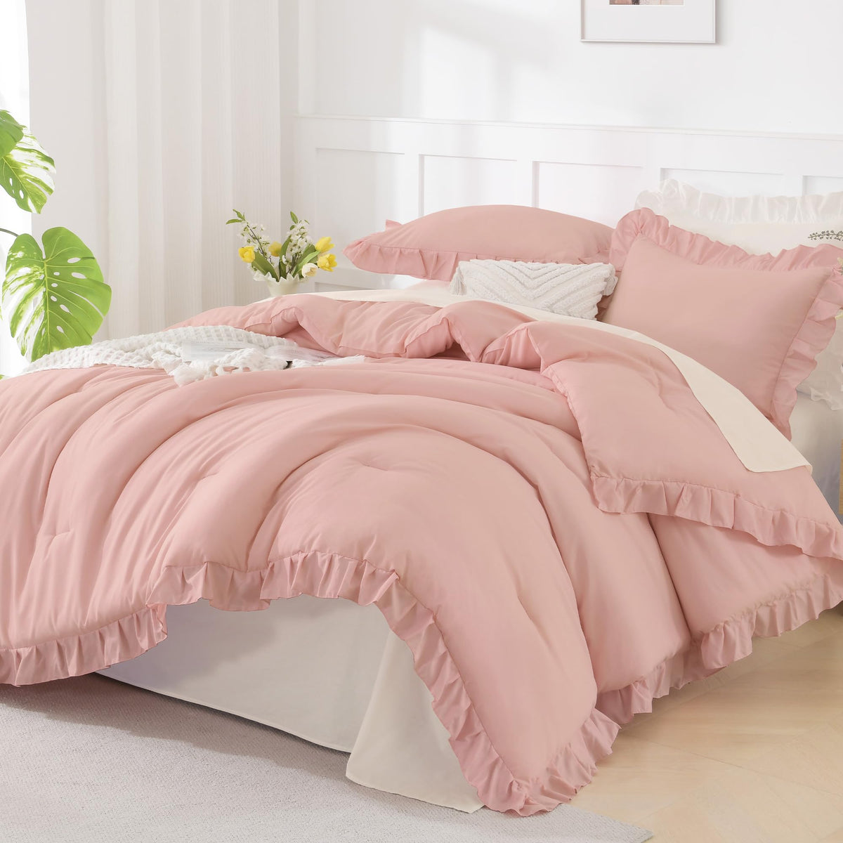 Andency Pink Ruffle Comforter Twin Size, 2 Pieces Soft Bed Set