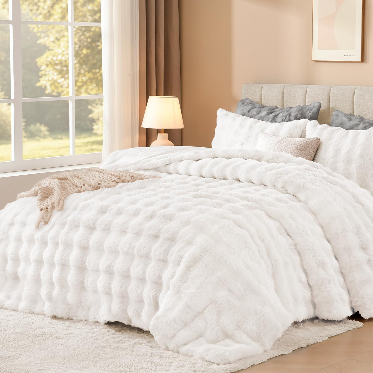 Andency Fluffy King Comforter Set Beige, Cheetah Print Bedding 3 Pieces