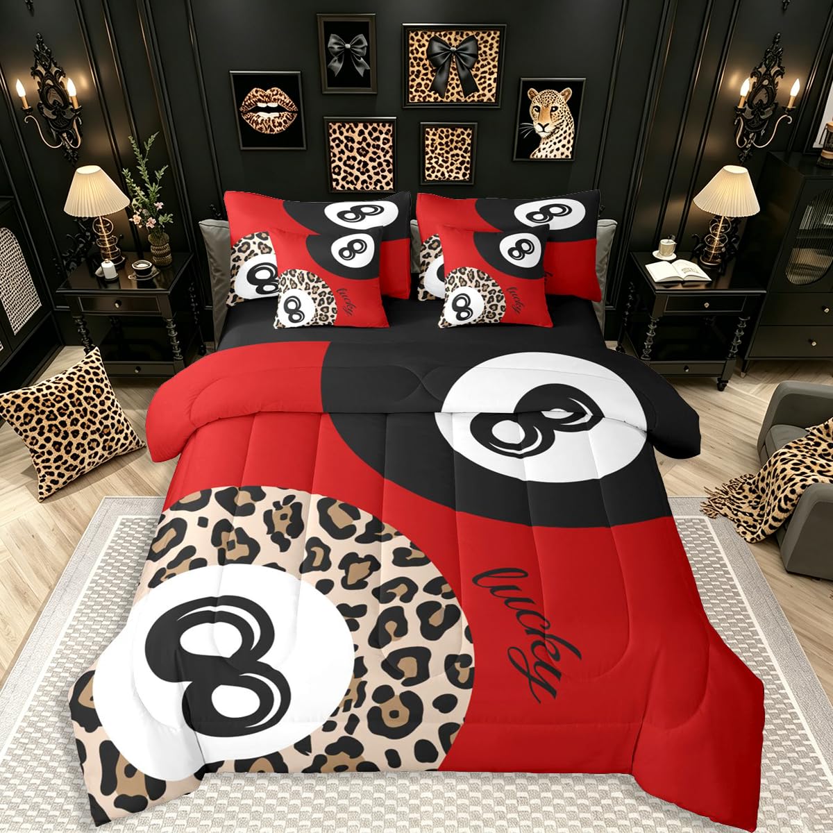 Erosebridal Leopard Print Bedding Set,7 Piece Pink Lucky 8 Ball Cheetah Bed in A Bag Queen Comforter Set for Boys Girls Women Preppy Room Decor Aesthetic Comforter and Sheets Fashion Coquette Bed Set
