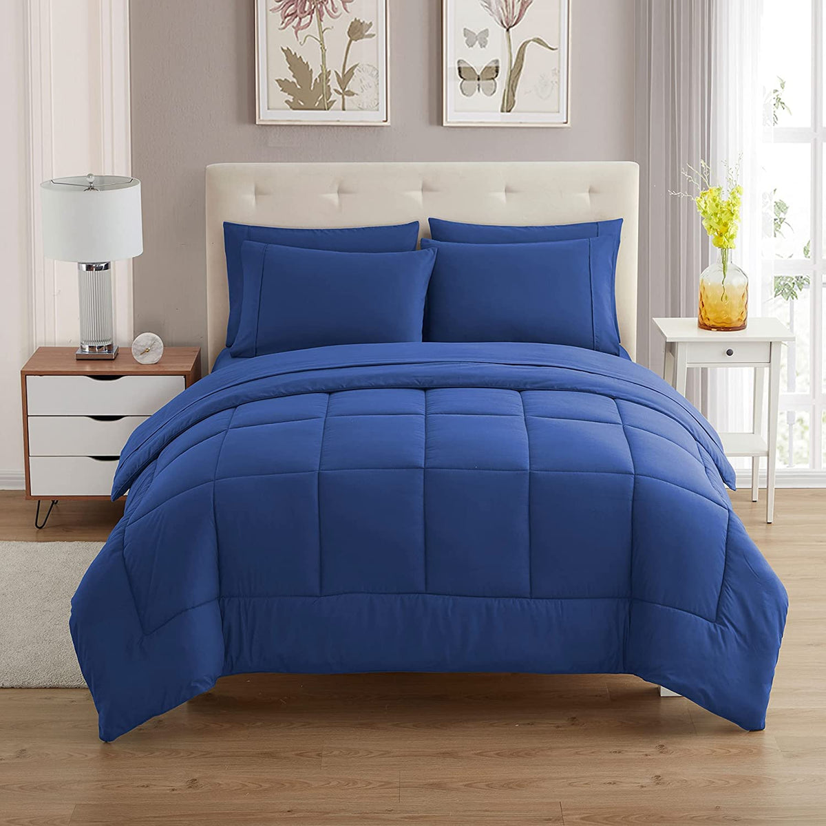 Sweet Home Collection 5 Piece Comforter Set Bag Solid Color All Season Soft Down Alternative Blanket & Luxurious Microfiber Bed Sheets, Navy, Twin