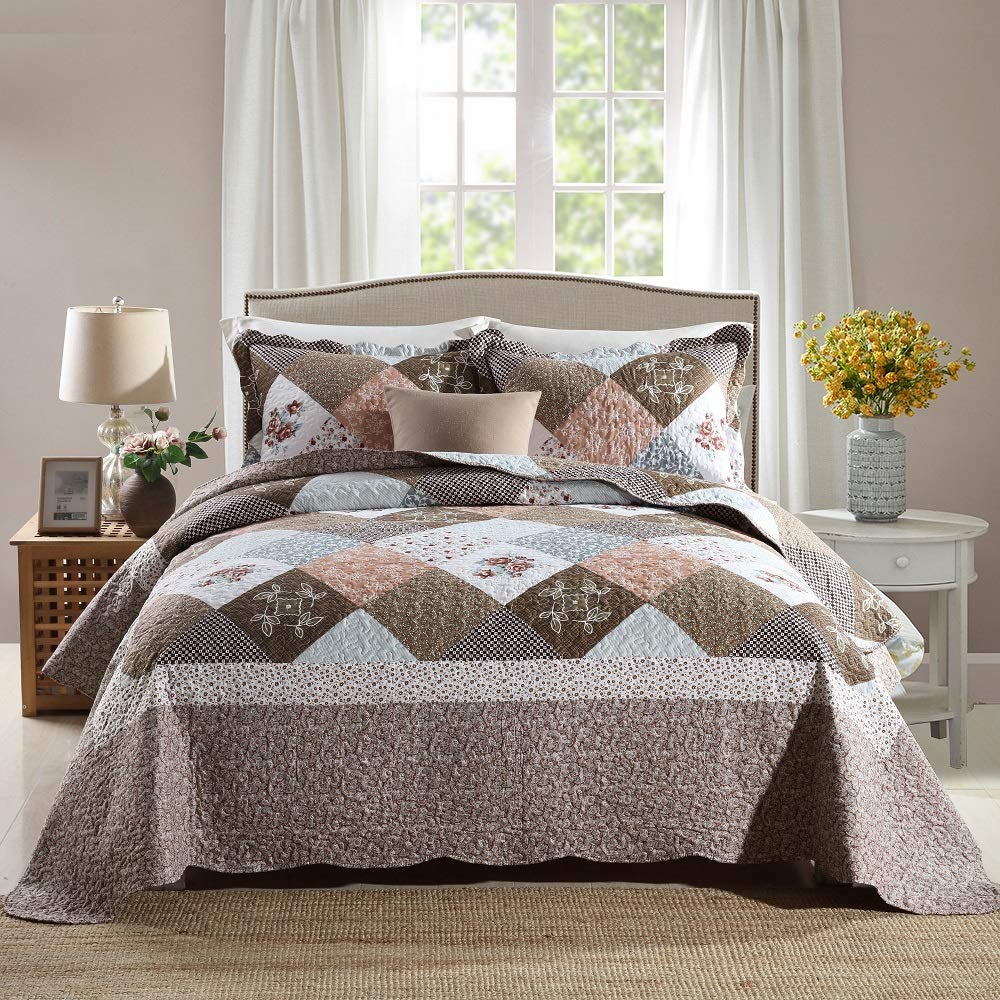 Travan 3-Piece Quilt Set Quilted Bedspread Lightweight Coverlet Set Garden Style Floral Printed Oversized Quilted Bedding Set with Shams for All Season, Exquisite, Queen Size