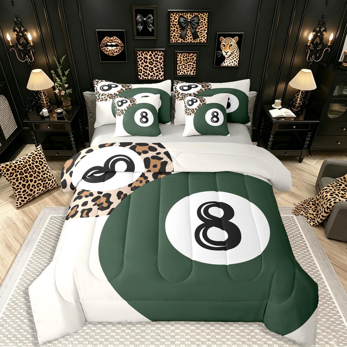 Erosebridal Leopard Print Bedding Set,7 Piece Pink Lucky 8 Ball Cheetah Bed in A Bag Queen Comforter Set for Boys Girls Women Preppy Room Decor Aesthetic Comforter and Sheets Fashion Coquette Bed Set