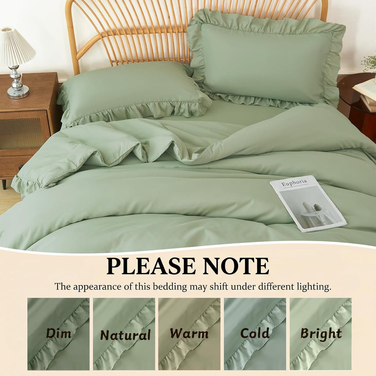 ZRNBAST Full Comforter Set Sage Green, 5 Pieces Ruffle Full Bed Sets, Soft Farmhouse Fluffy Bed in a Bag Shabby Chic Bedding Sets with Ruffled Comforter, Flat Sheet, Fitted Sheet, Pillowcases