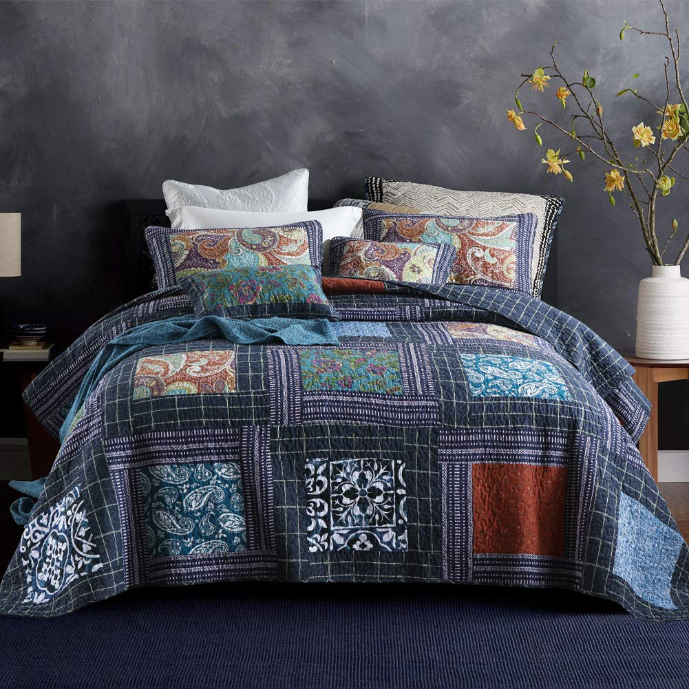 Secgo King Size Comforter Set- 100% Cotton Quilt King Size Set, Green, Sage bedspreads (96 * 108 Inch) with 2 Pillow Shams, Patchwork Reversible Lightweight Bedding