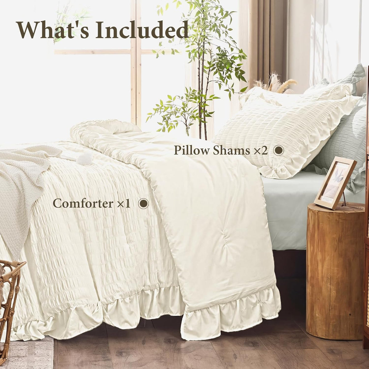 JOLLYVOGUE Ivory Comforter Full Size, 3 Pieces Seersucker Lightweight Full Size Bedding, All Season Fluffy Microfiber Bedding Comforter Set with 1 Ruffle Comforter and 2 Ruffle Pillowshams