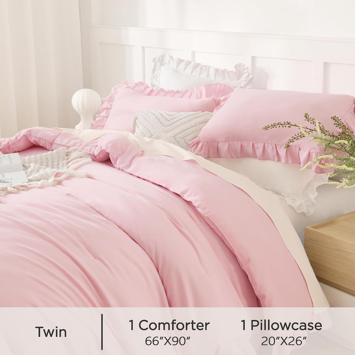Andency Pink Ruffle Comforter Twin Size, 2 Pieces Soft Bed Set