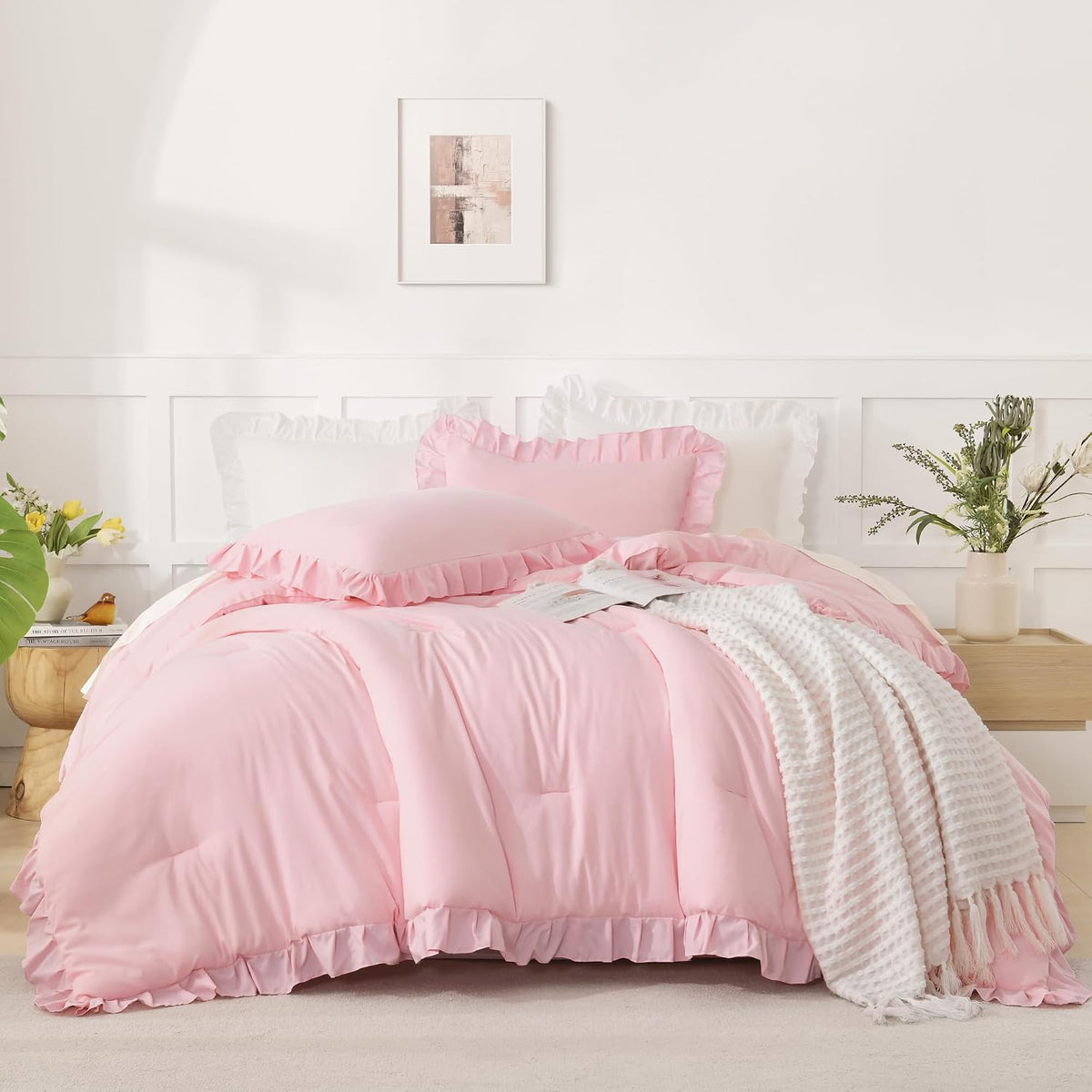 Andency Pink Ruffle Comforter Twin Size, 2 Pieces Soft Bed Set